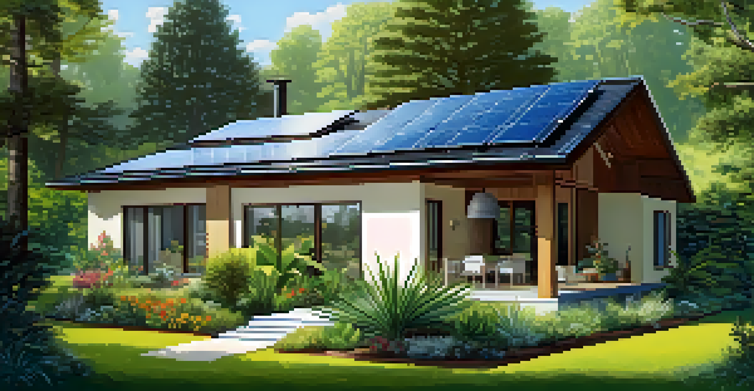 A house with solar panels on the roof and a beautiful garden, under a clear blue sky.