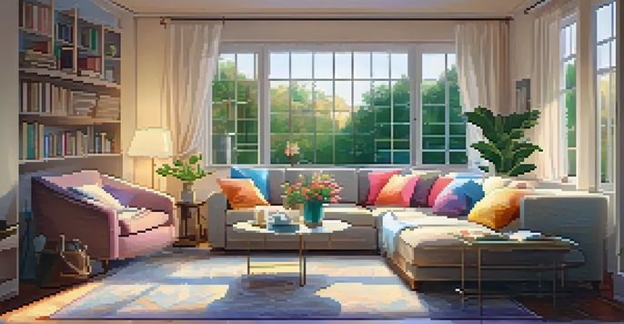 A comfortable living room with a sofa, coffee table, and window view of a garden.