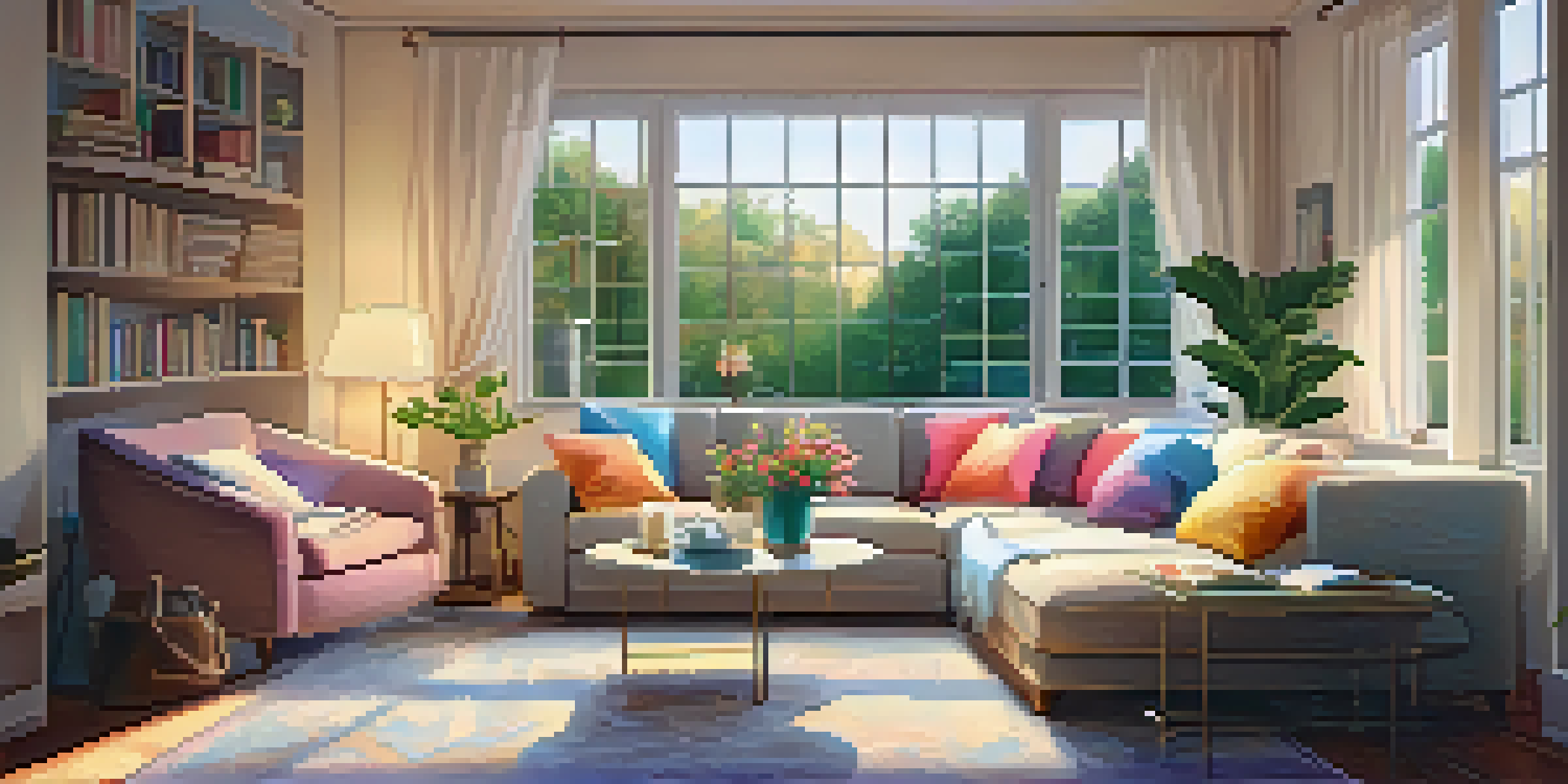 A comfortable living room with a sofa, coffee table, and window view of a garden.