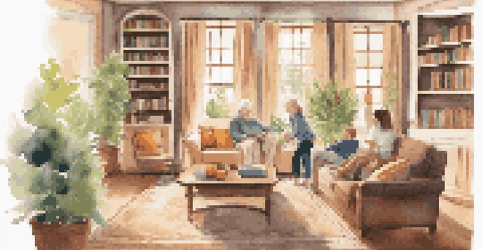 A warm and inviting living room with three generations of a family, showcasing a cozy atmosphere filled with family photos and personal touches.