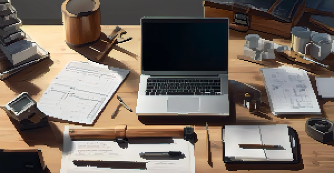A well-organized contractor's workspace with tools, a laptop, and a clipboard.