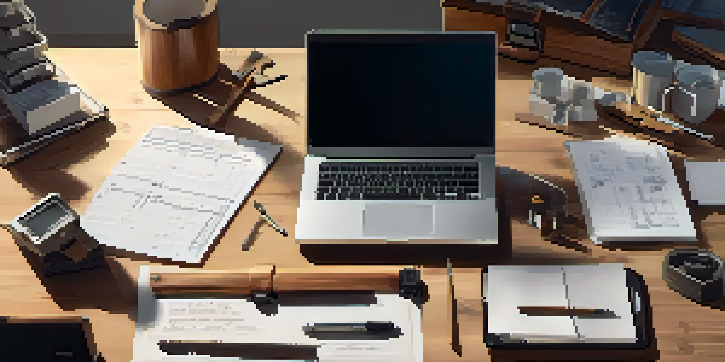 A well-organized contractor's workspace with tools, a laptop, and a clipboard.