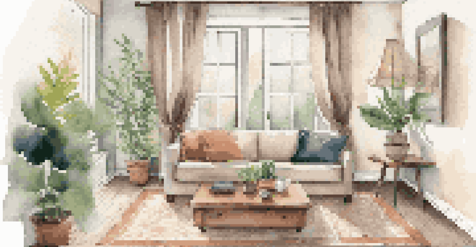 A cozy living room with a sofa, coffee table, artwork on the walls, and natural light from a window.