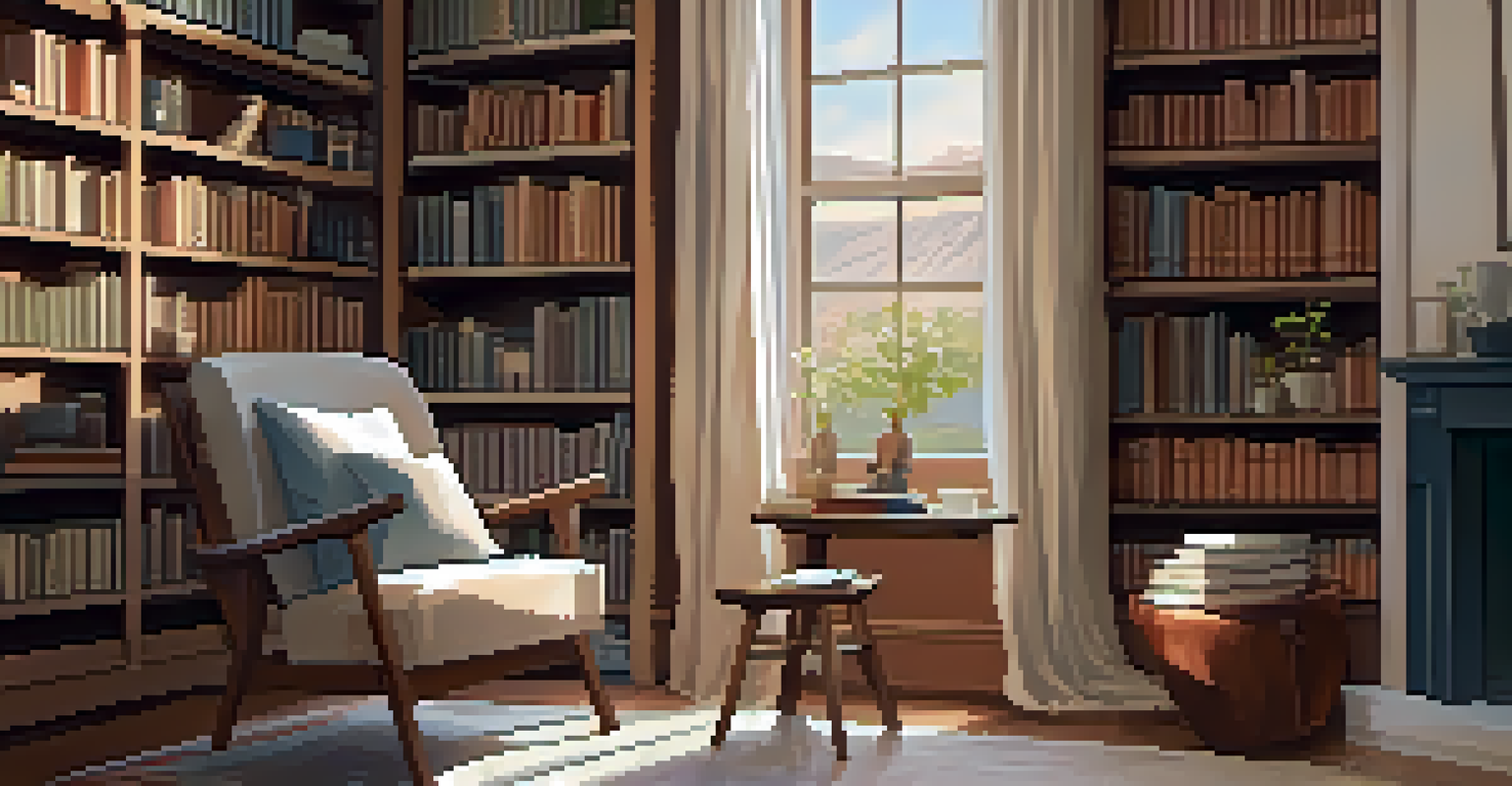 A cozy reading nook with sunlight, a comfortable chair, and bookshelves, designed for relaxation.