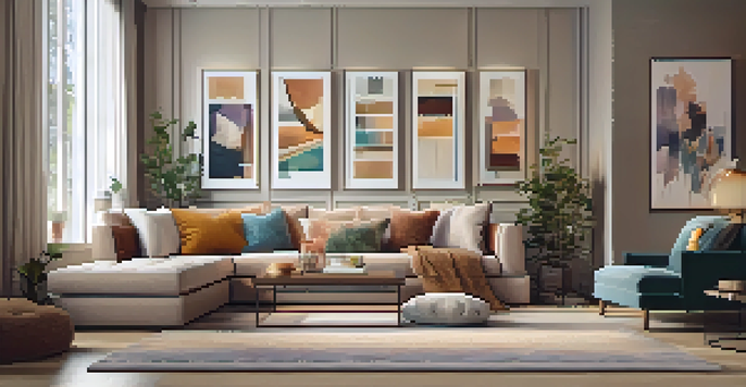 A cozy living room with a bespoke sofa, colorful throw pillows, family photos, and abstract art on the walls, illuminated by warm lighting.
