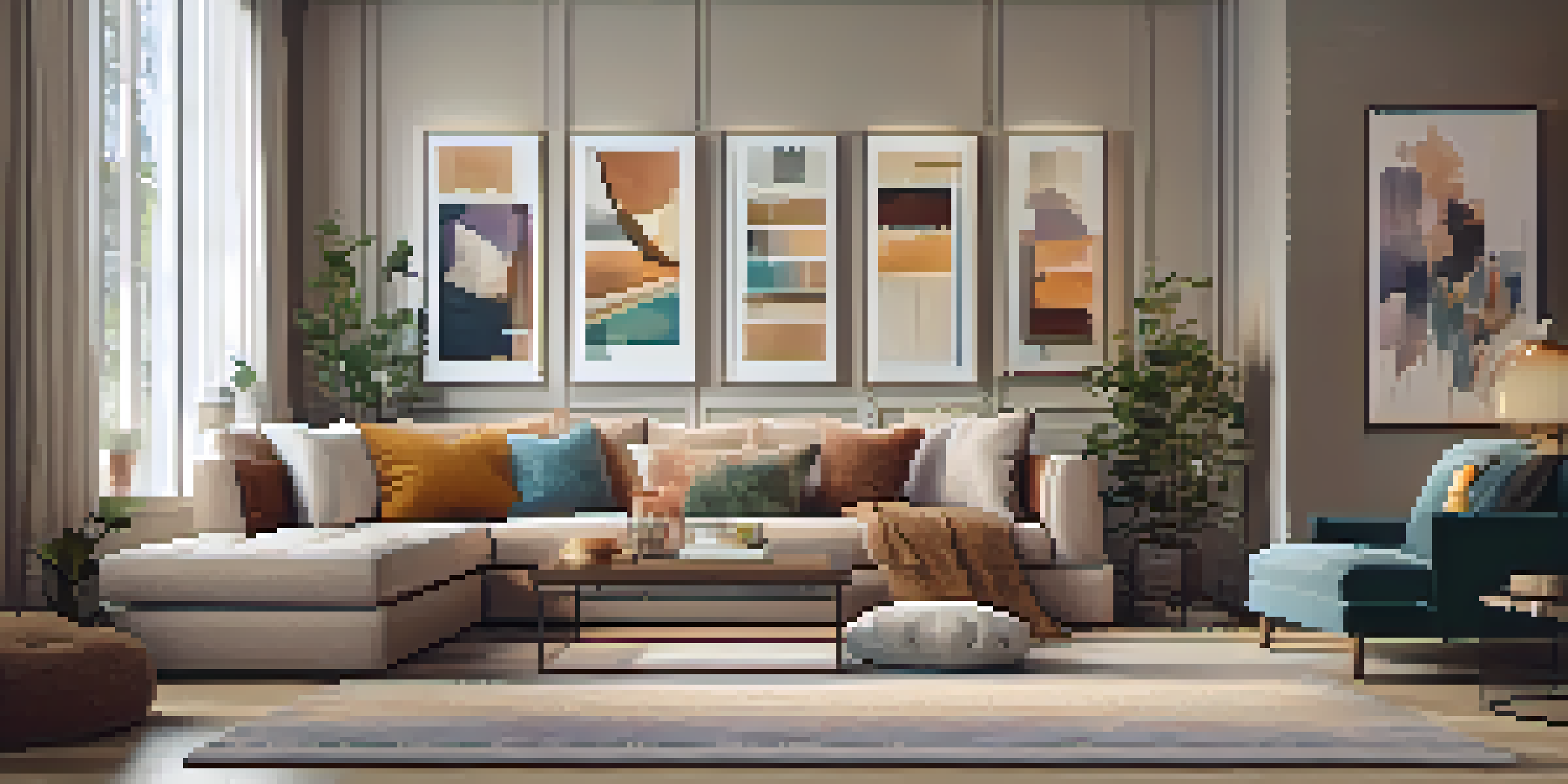 A cozy living room with a bespoke sofa, colorful throw pillows, family photos, and abstract art on the walls, illuminated by warm lighting.