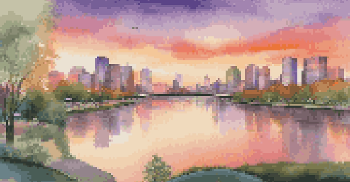A modern city skyline at sunset with a colorful sky, lush green park, and a calm river reflecting the buildings.