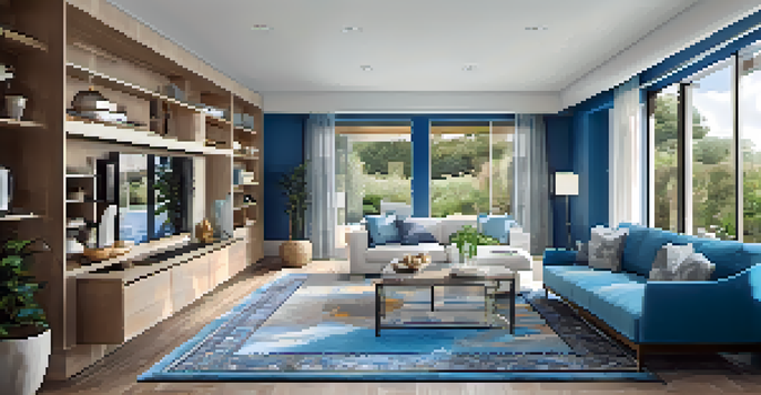 A cozy living room with modern furniture and a 'For Sale' sign, bathed in natural light.