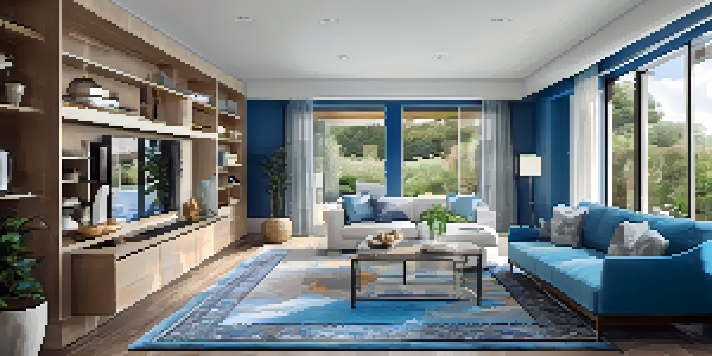 A cozy living room with modern furniture and a 'For Sale' sign, bathed in natural light.