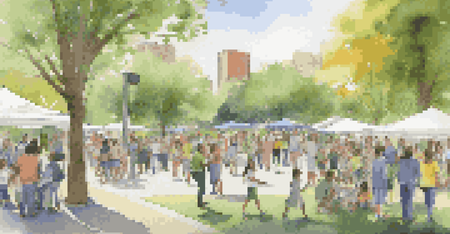 A community event in a park with citizens interacting with digital kiosks about air quality and traffic, surrounded by greenery.