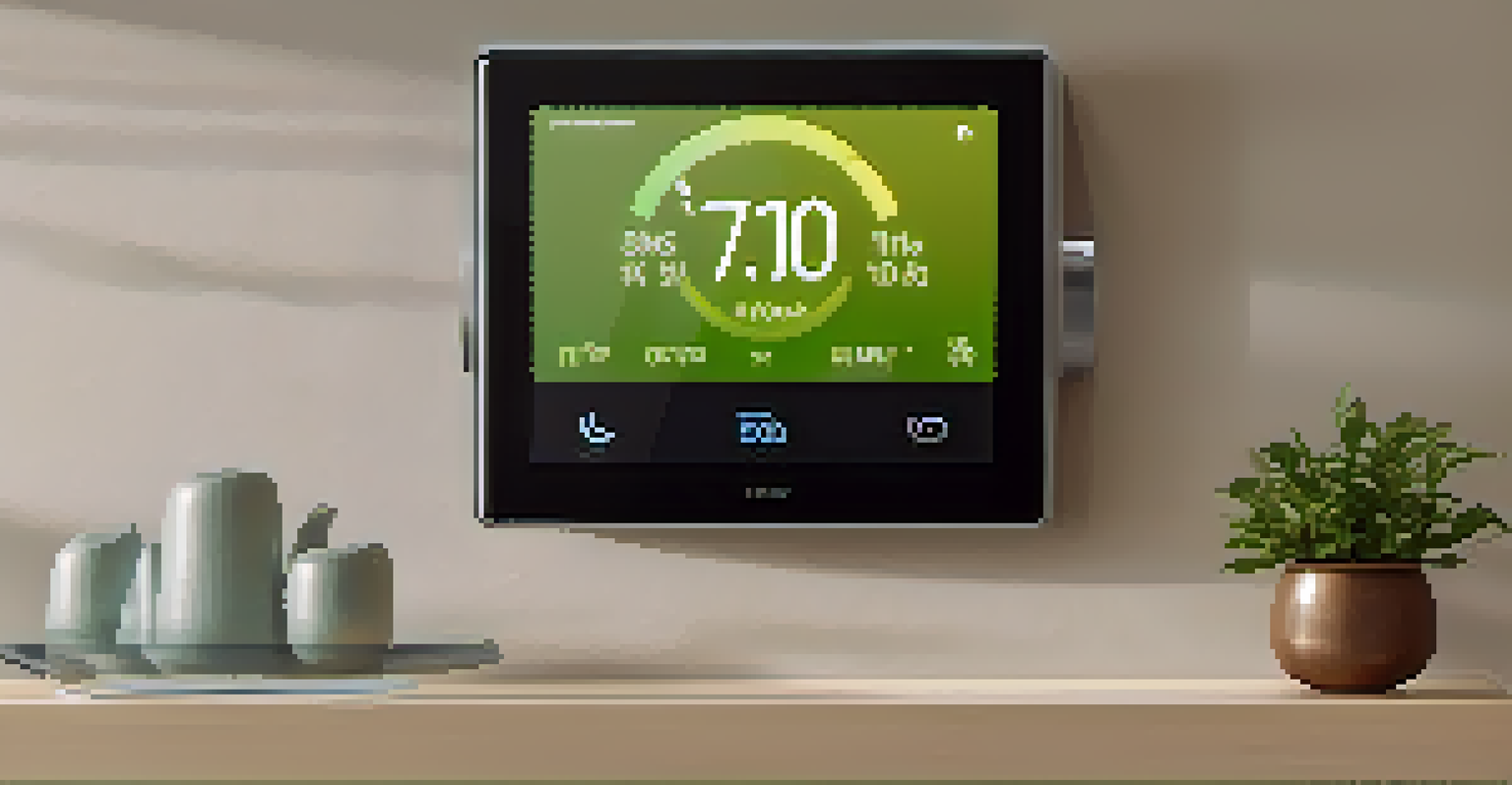 A close-up of a smart thermostat on a wall, displaying temperature settings and surrounded by contemporary home decor.
