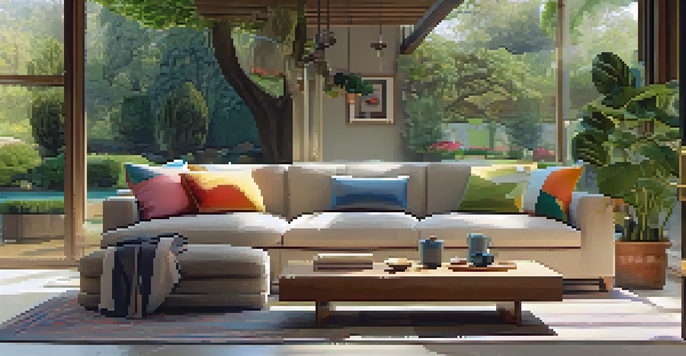 A cozy living room with a sofa, colorful cushions, and large windows looking out to a garden.