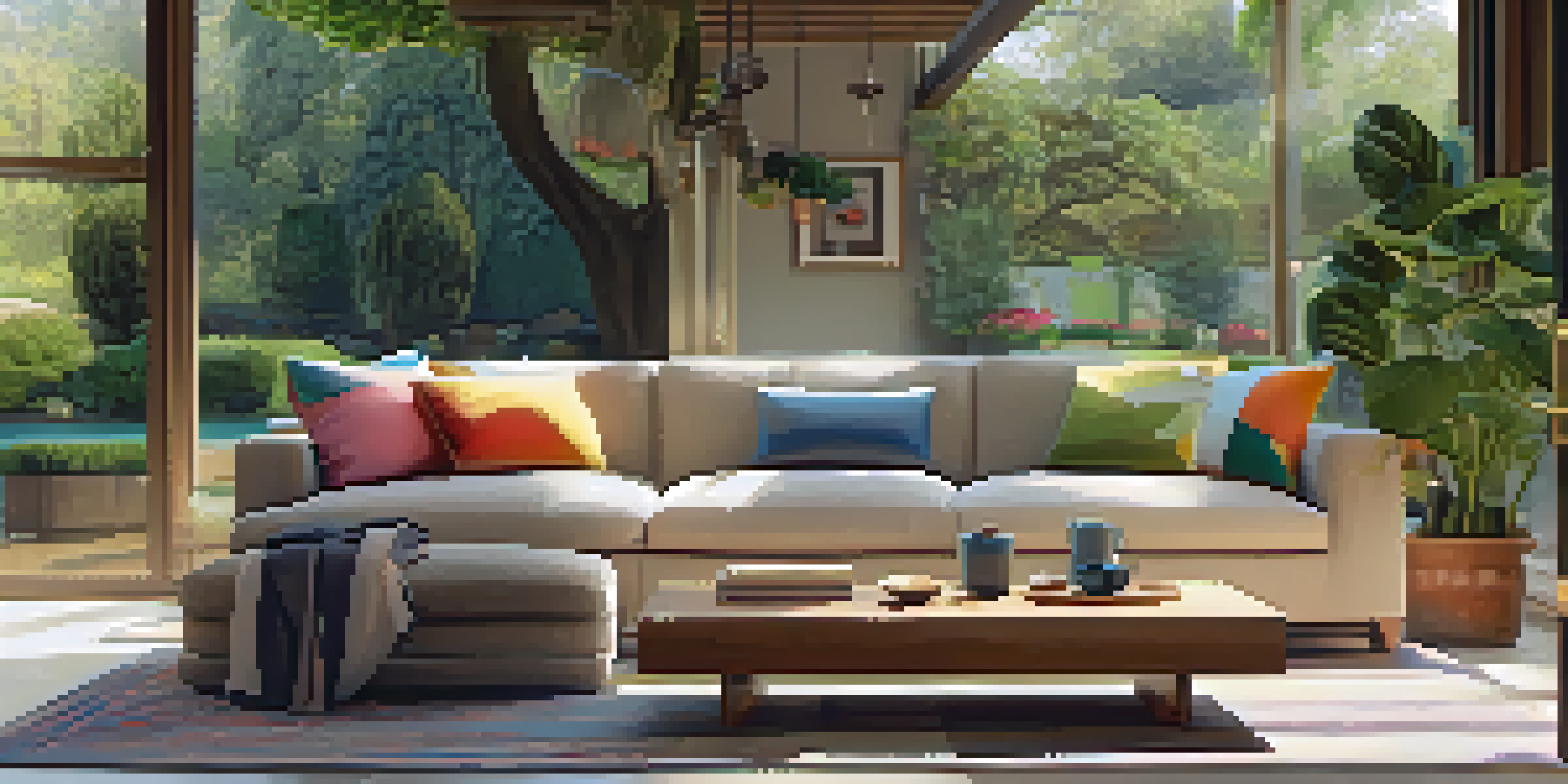 A cozy living room with a sofa, colorful cushions, and large windows looking out to a garden.