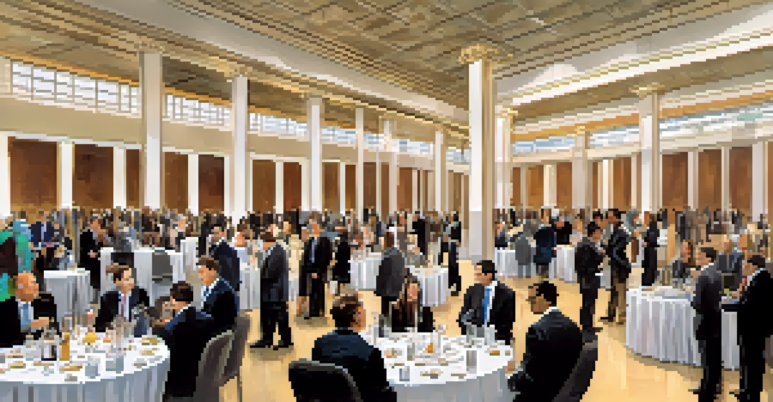 A bustling networking event focused on real estate syndication, with attendees exchanging ideas and brochures.