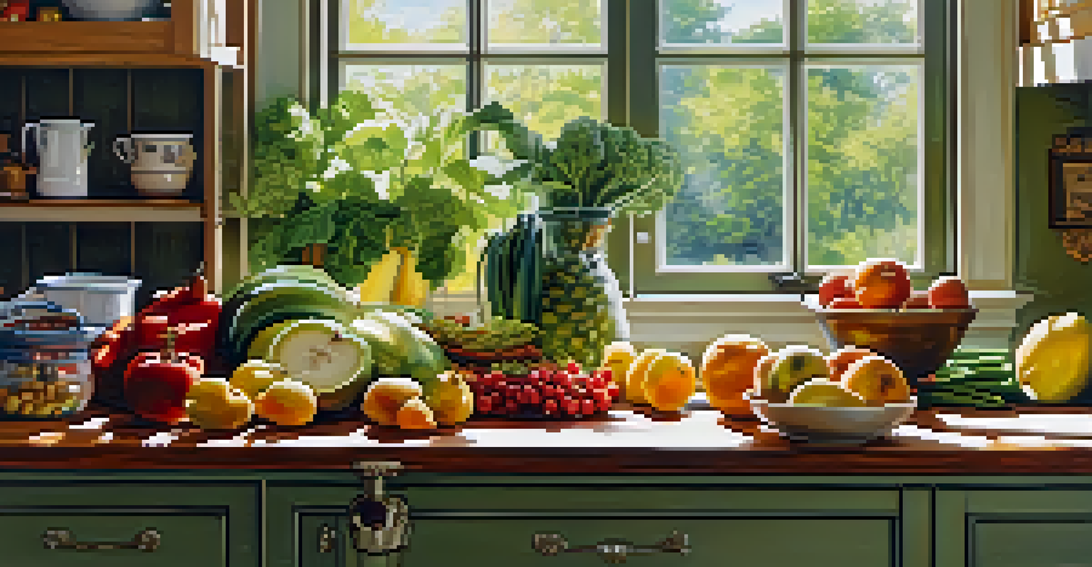 A bright kitchen with fresh fruits and vegetables on a wooden countertop, illuminated by sunlight from a window.