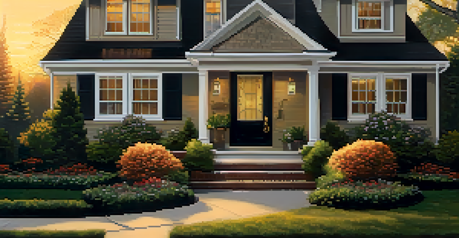 A suburban home with a smart lock and doorbell camera, surrounded by a garden at sunset, showcasing its modern features.