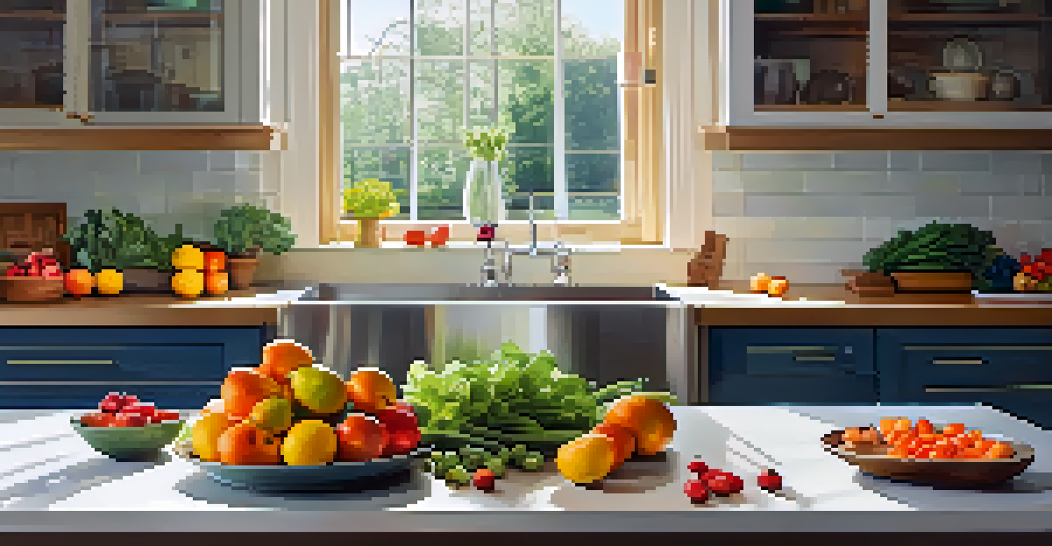 A bright modern kitchen featuring stainless steel appliances, a fruit bowl, and flowers on the countertop, with sunlight streaming in.
