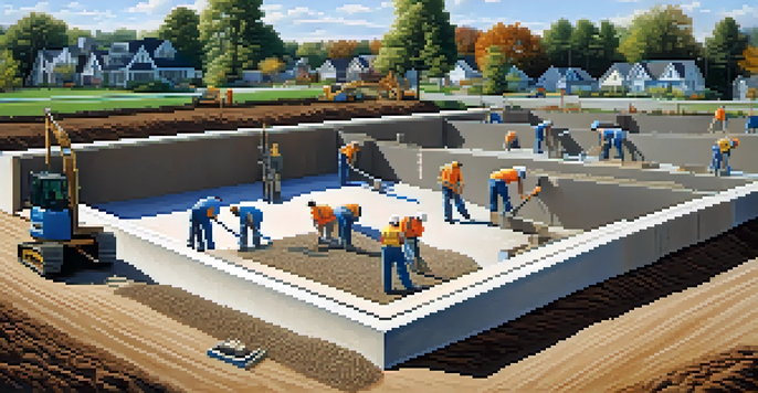 A team of workers constructing a home foundation with concrete in a sunny suburban neighborhood.