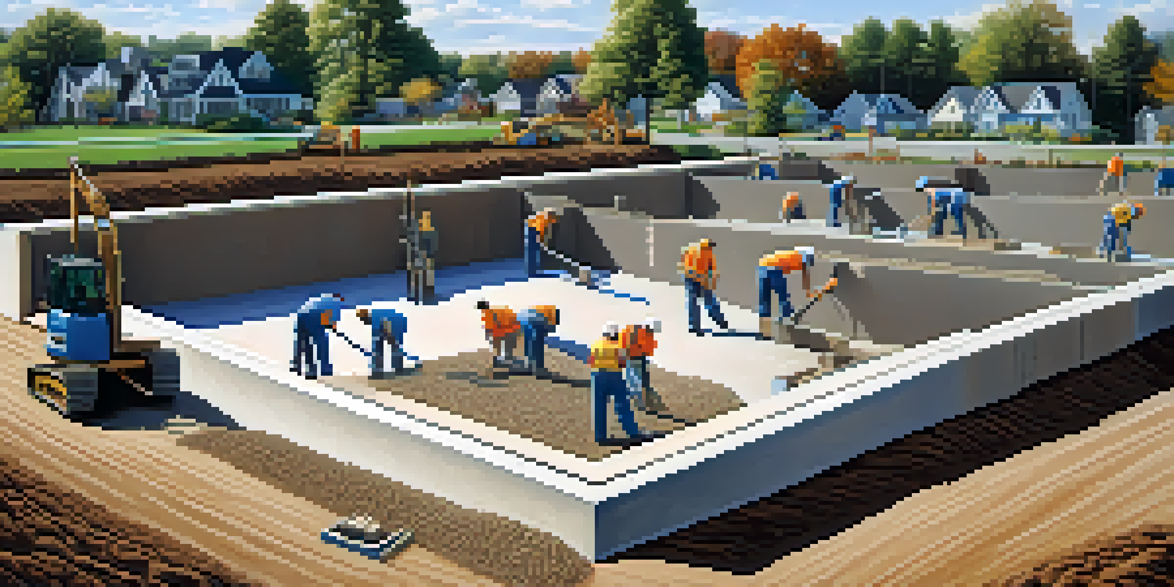 A team of workers constructing a home foundation with concrete in a sunny suburban neighborhood.