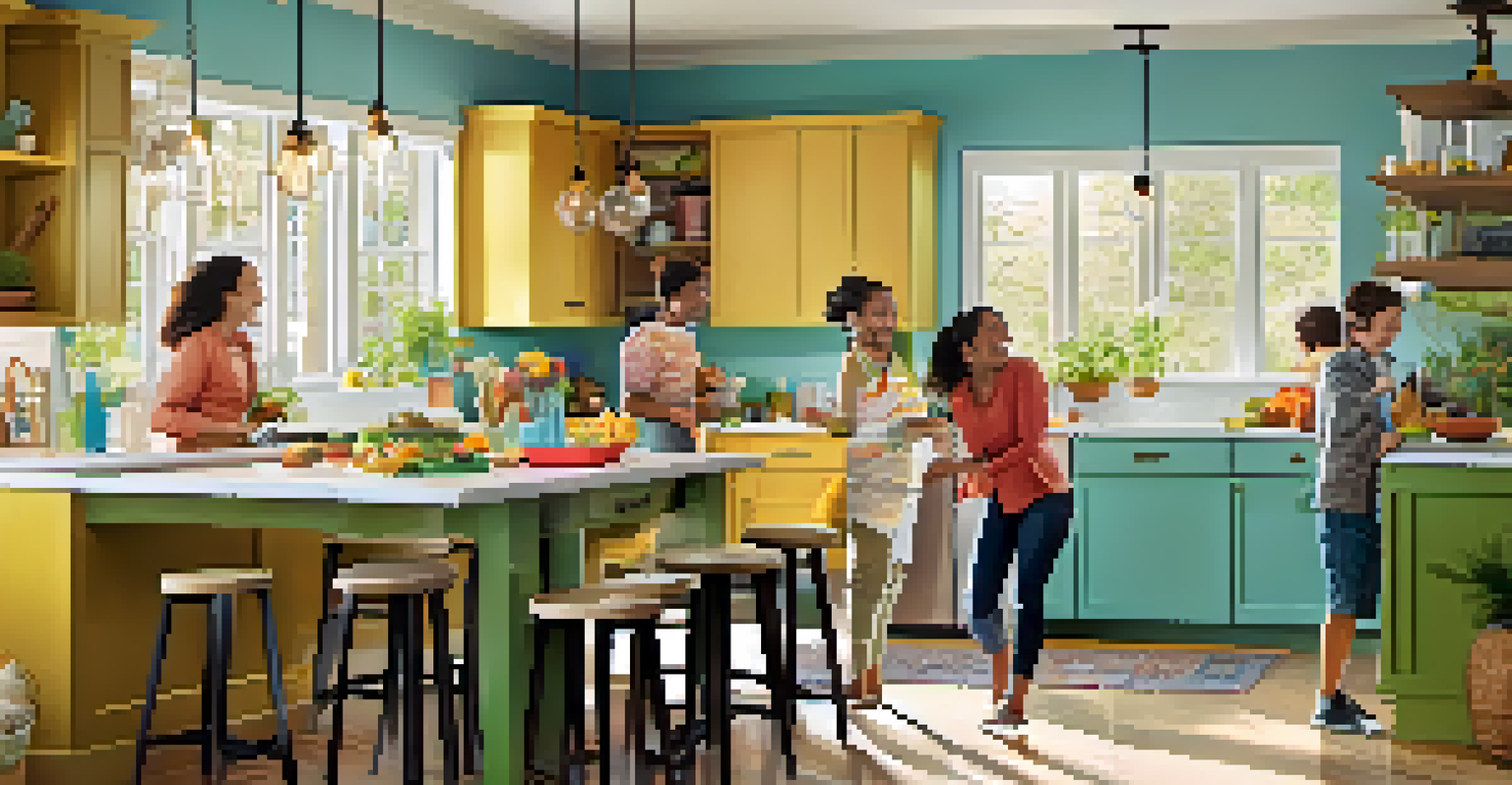 A family cooking together in an open-concept kitchen and dining area, enjoying each other's company.