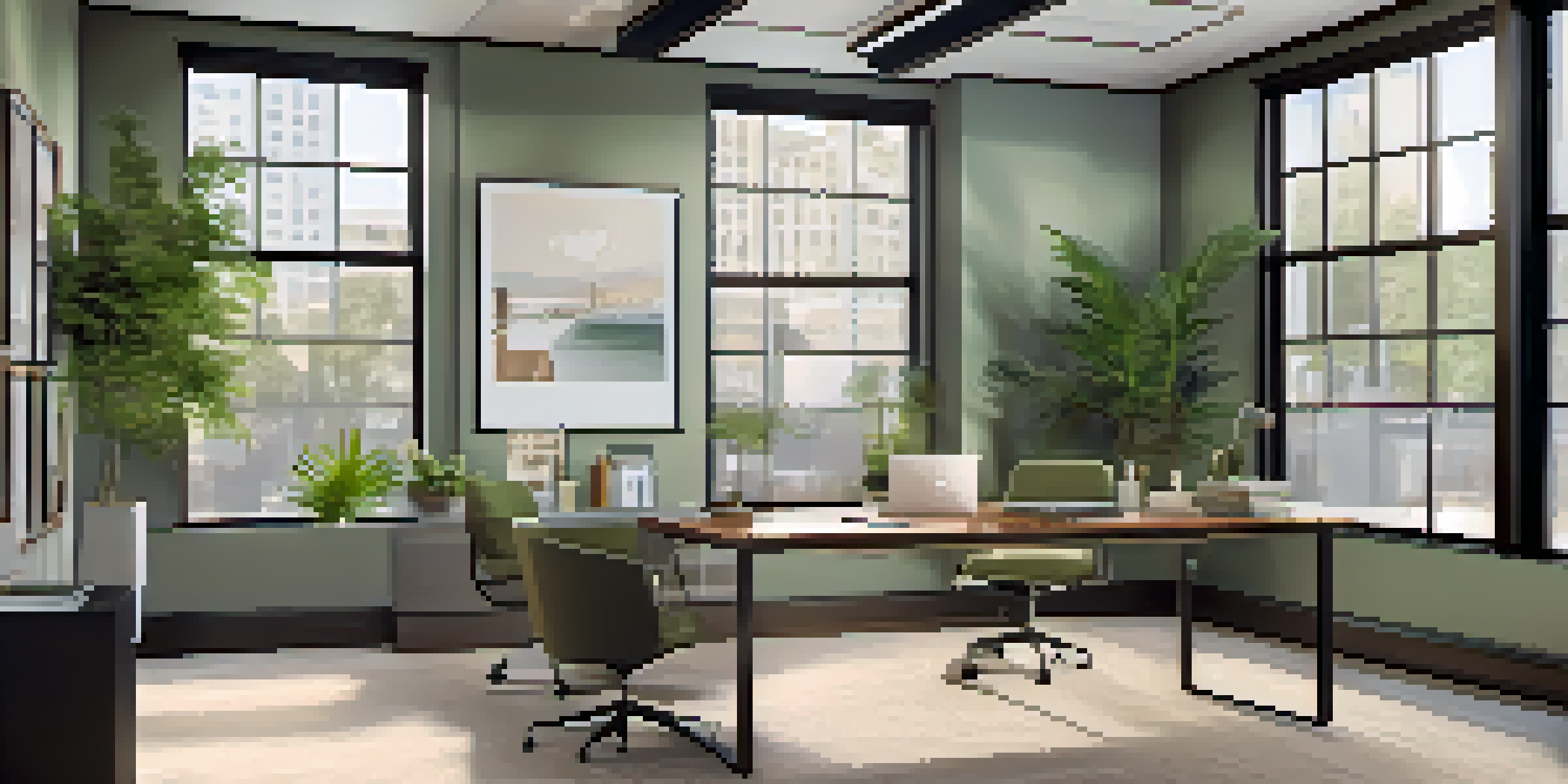 A modern real estate office with a wooden desk, laptop, and framed property photographs on the walls, illuminated by natural light from large windows.