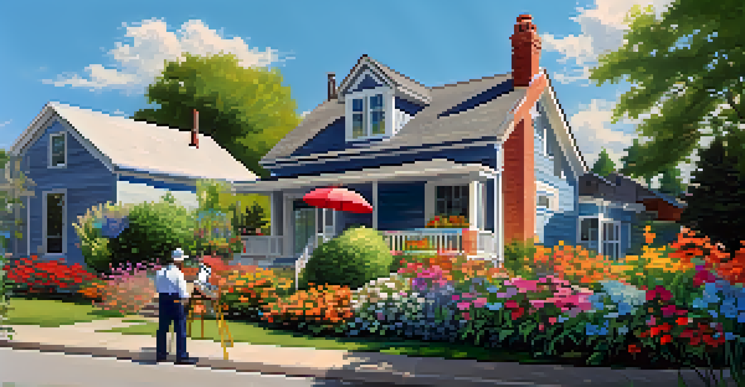 A home inspector on a ladder checking the roof of a house, with a homeowner nearby holding a clipboard. The scene includes a colorful garden.