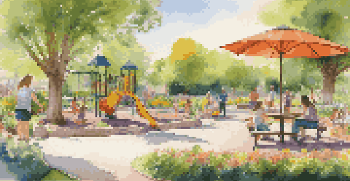 A lively outdoor space with children playing in a colorful playground, surrounded by greenery and flowers, with adults relaxing on benches.