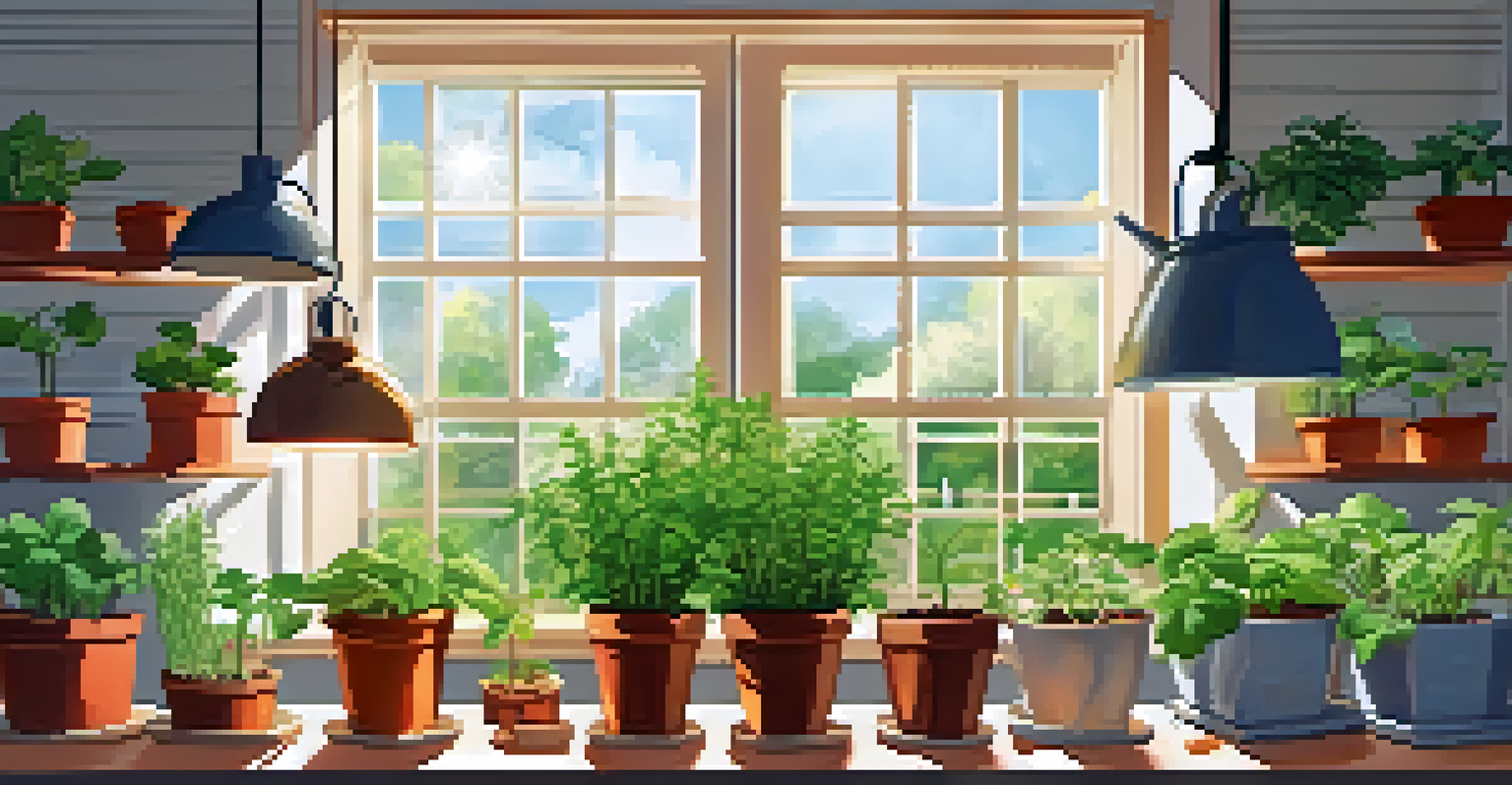 A cozy indoor gardening scene with seed trays under grow lights, watering cans, and a sunny window view.