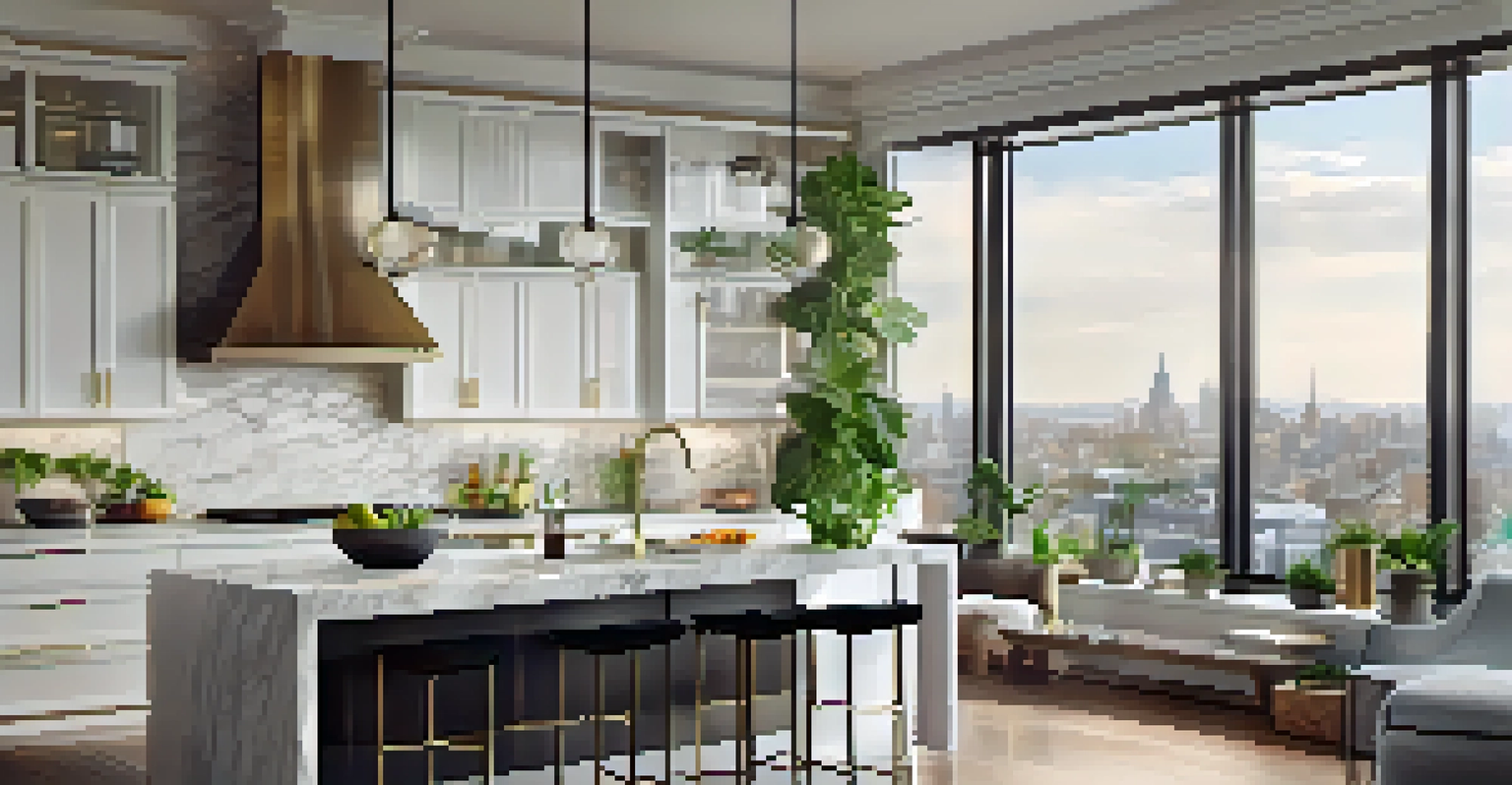 A modern kitchen featuring sleek white cabinets, a central island, and a large window overlooking a bustling city street.
