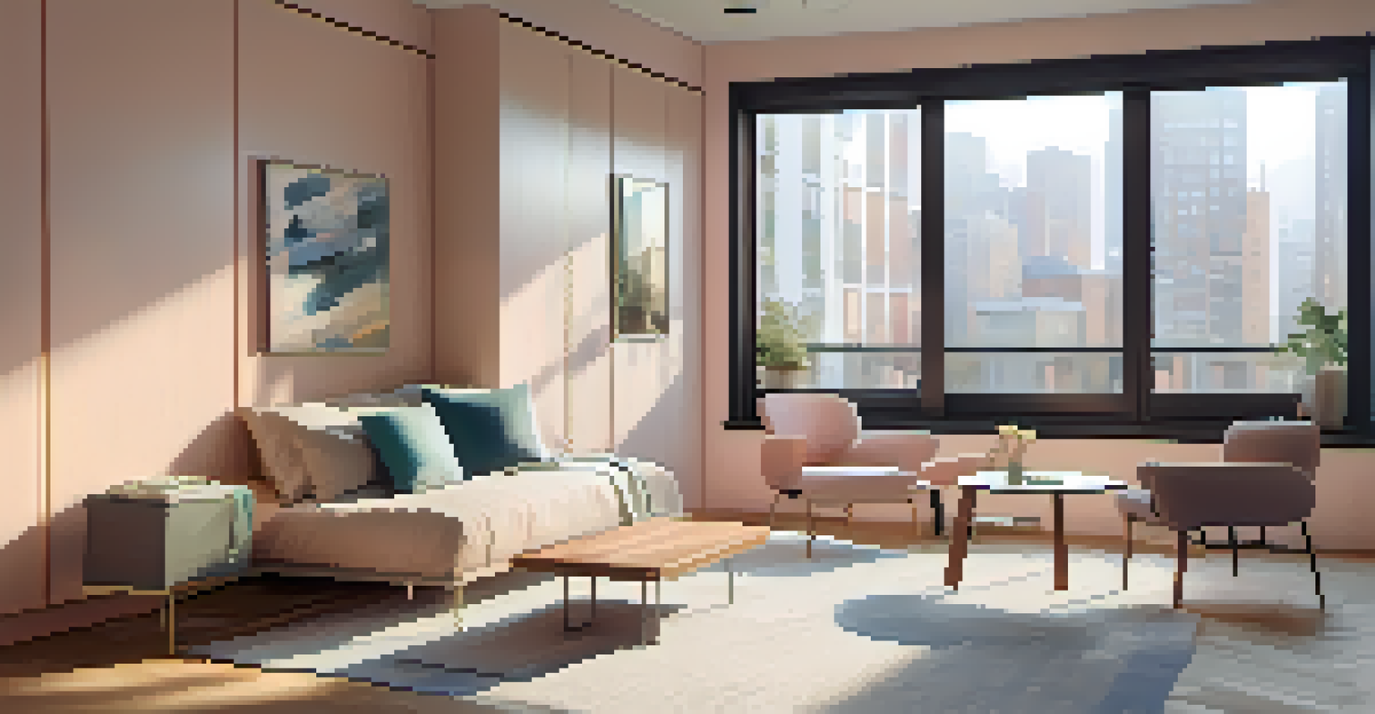 A compact urban apartment with a Murphy bed and minimalistic furniture in soft pastel colors.