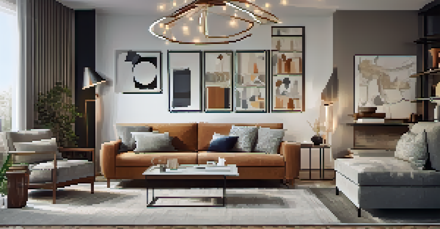 A modern living space with a convertible sofa, layered textures, and warm lighting, blending style and functionality.