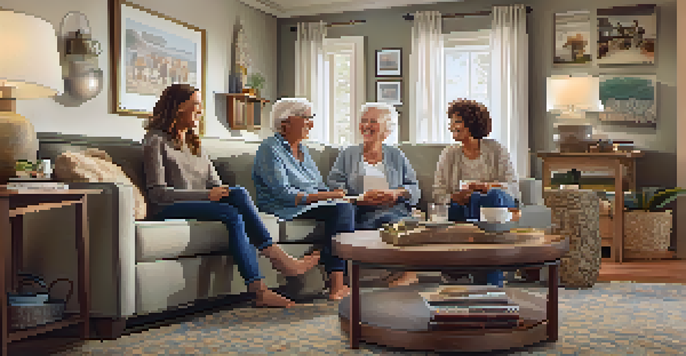 A multi-generational family, consisting of grandparents, parents, and children, happily gathering in a cozy living room, sharing stories and enjoying their time together.