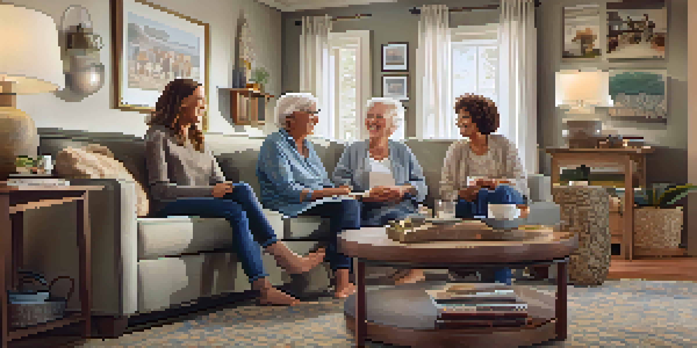 A multi-generational family, consisting of grandparents, parents, and children, happily gathering in a cozy living room, sharing stories and enjoying their time together.