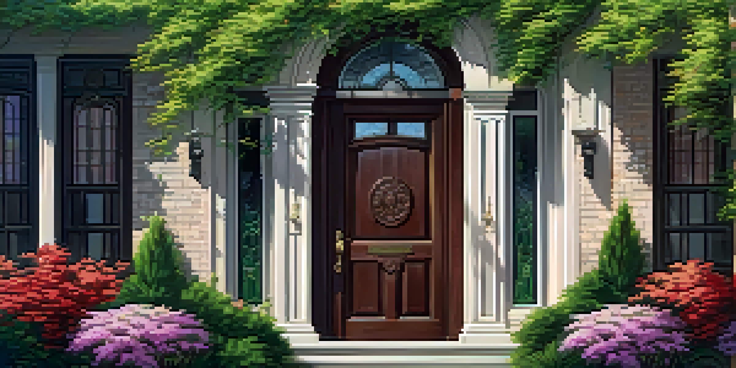 A wooden front door with intricate carvings, surrounded by greenery and flowers, illuminated by soft sunlight.