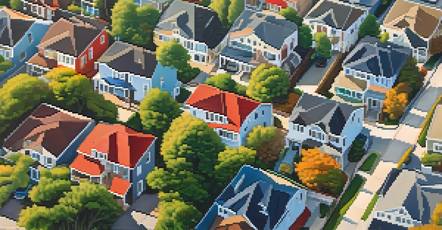 An aerial view of a bustling urban neighborhood filled with various houses and lively streets.