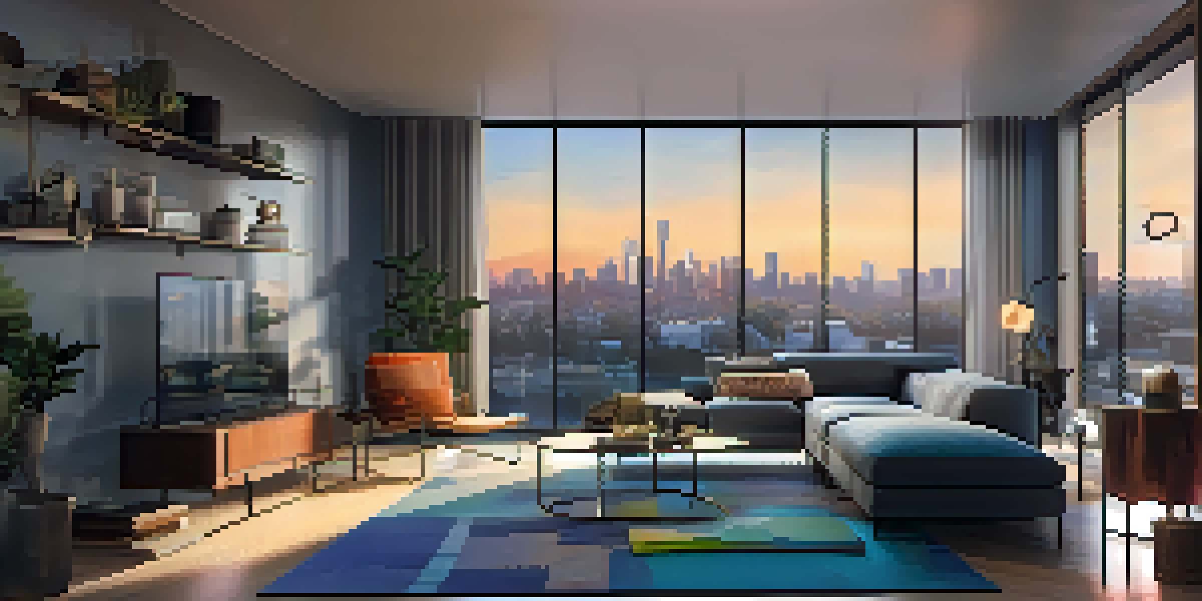 A beautifully staged modern living room with sleek furniture and a city skyline view, created using virtual reality technology.