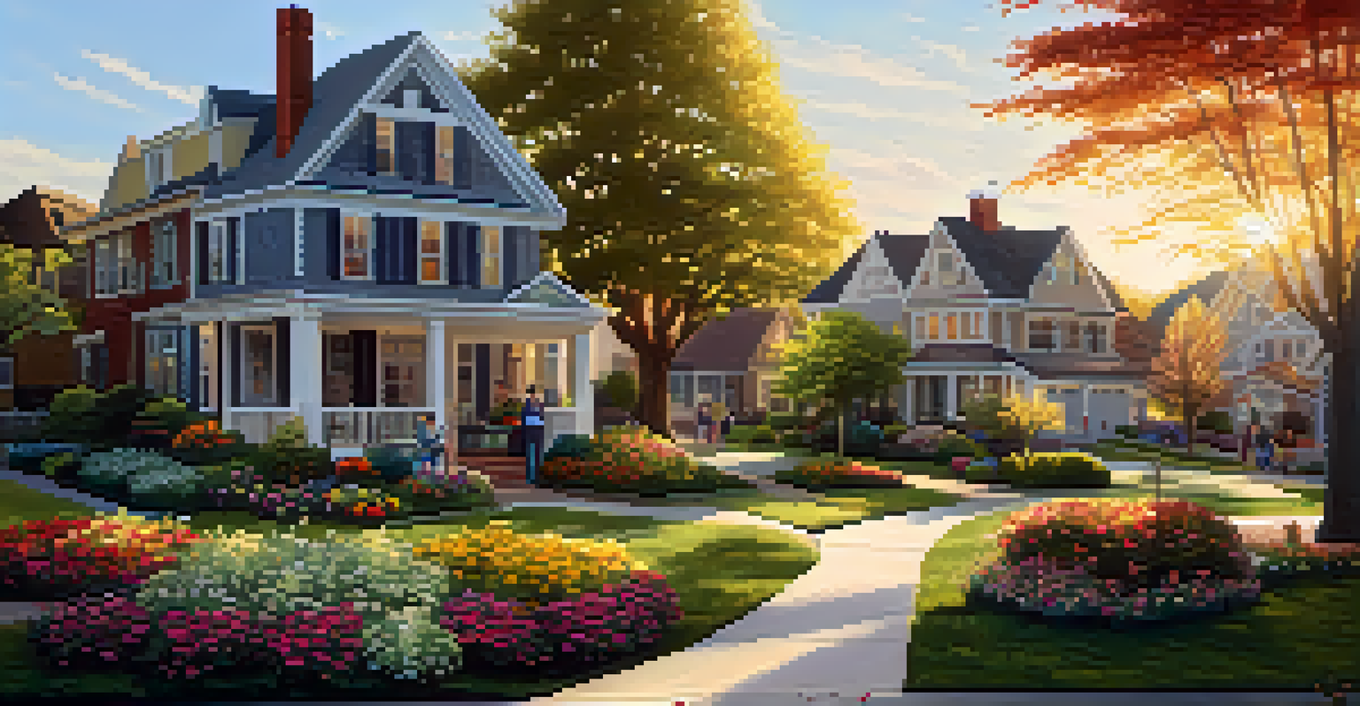 A peaceful suburban neighborhood with families enjoying their gardens and children playing during sunset.