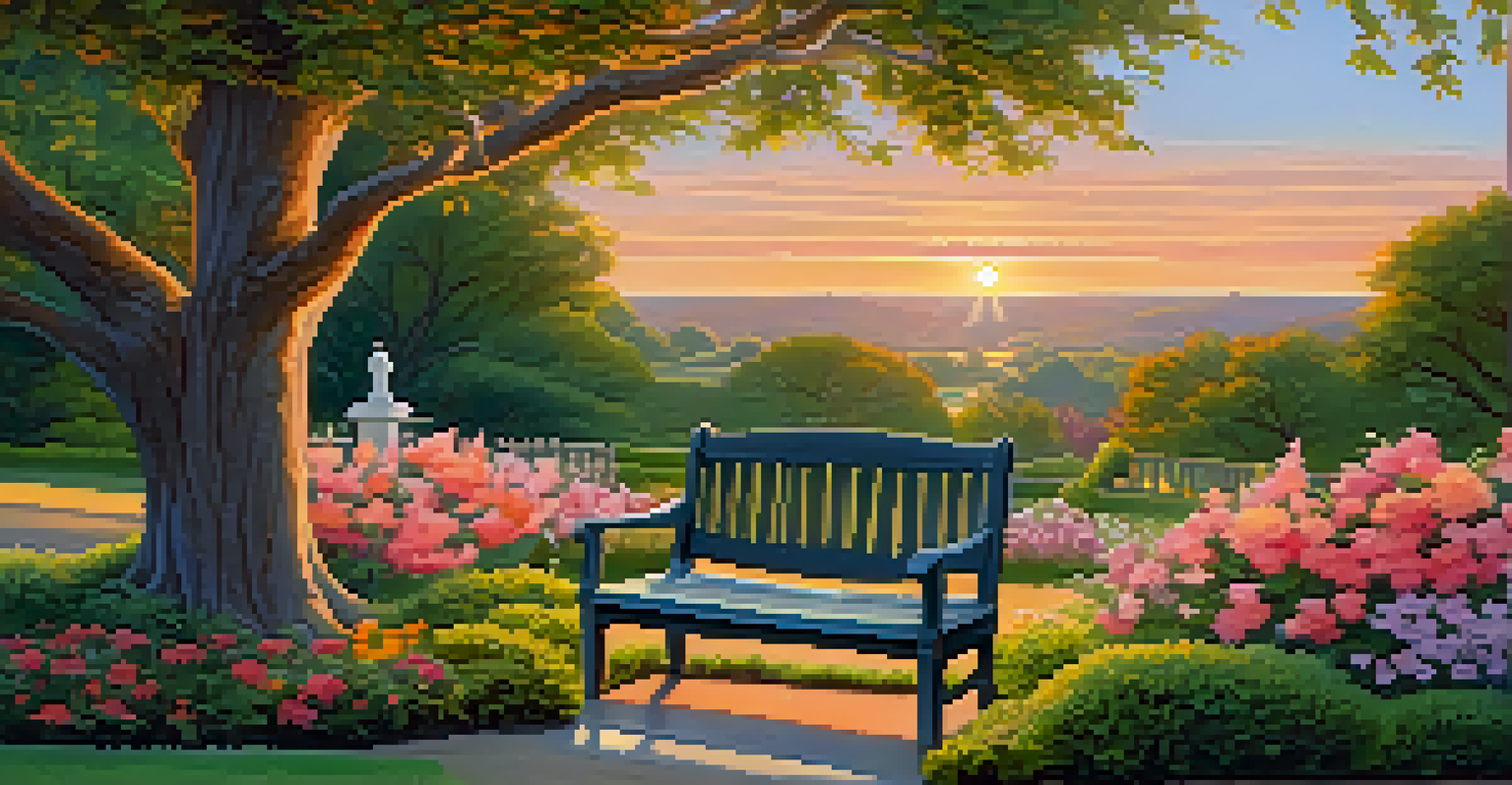A peaceful garden with blooming flowers and a wooden bench under a tree at sunset.