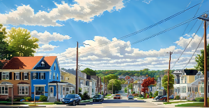 A peaceful small town landscape with residential homes in the foreground and commercial buildings in the background under a bright blue sky.