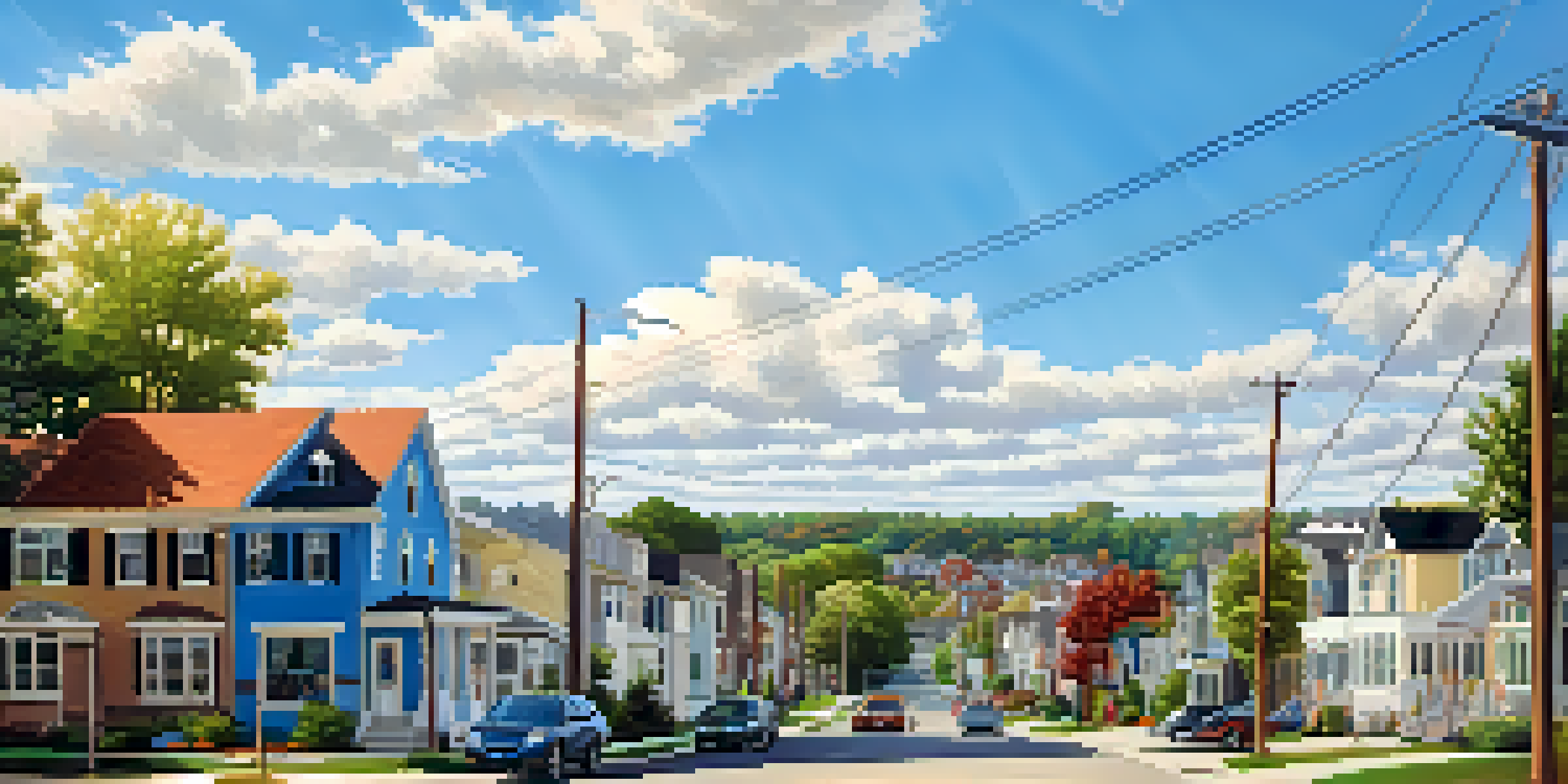 A peaceful small town landscape with residential homes in the foreground and commercial buildings in the background under a bright blue sky.