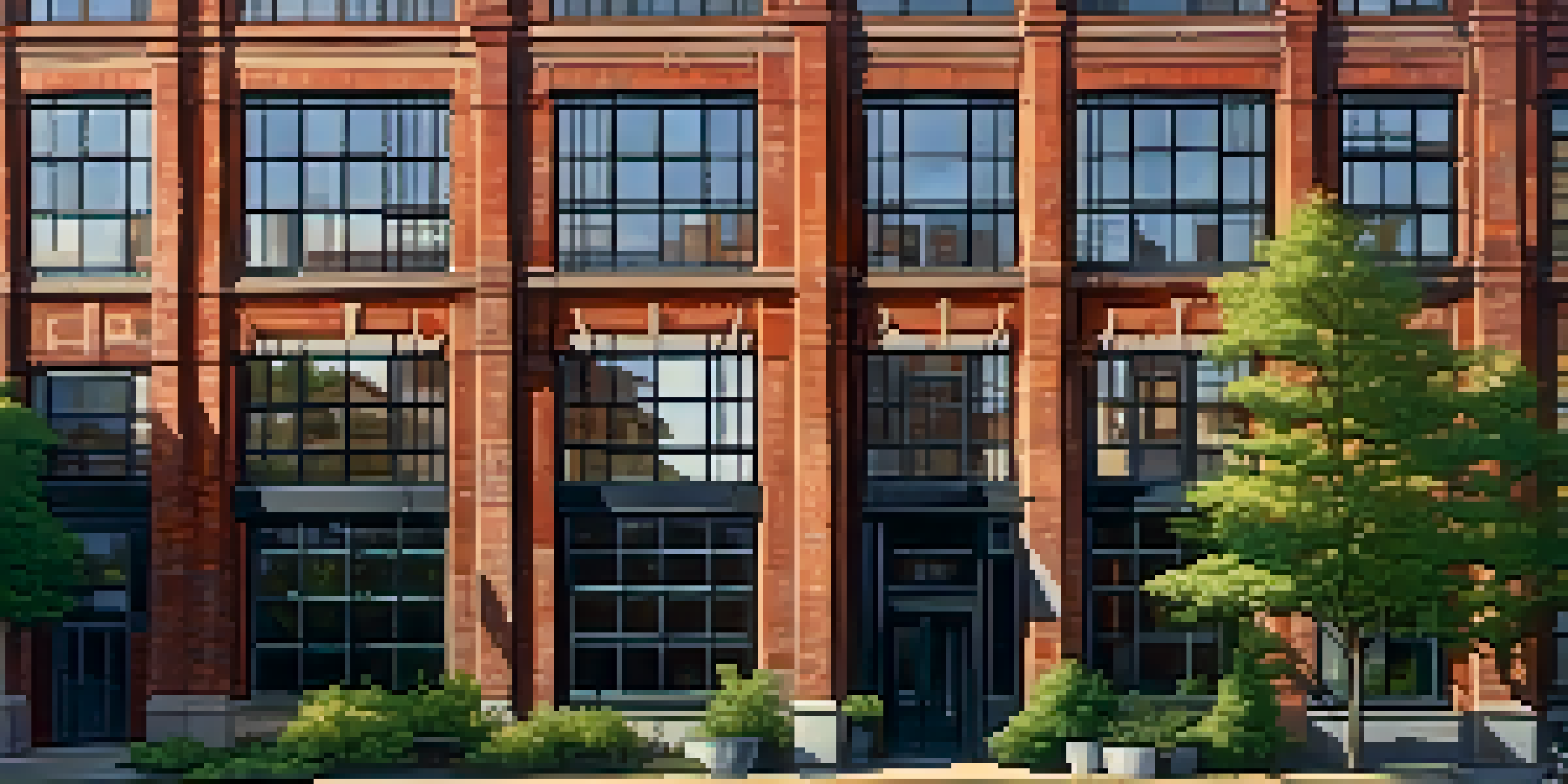 A repurposed factory building now serves as stylish lofts with large windows and exposed brick, surrounded by greenery and an urban skyline under evening light.