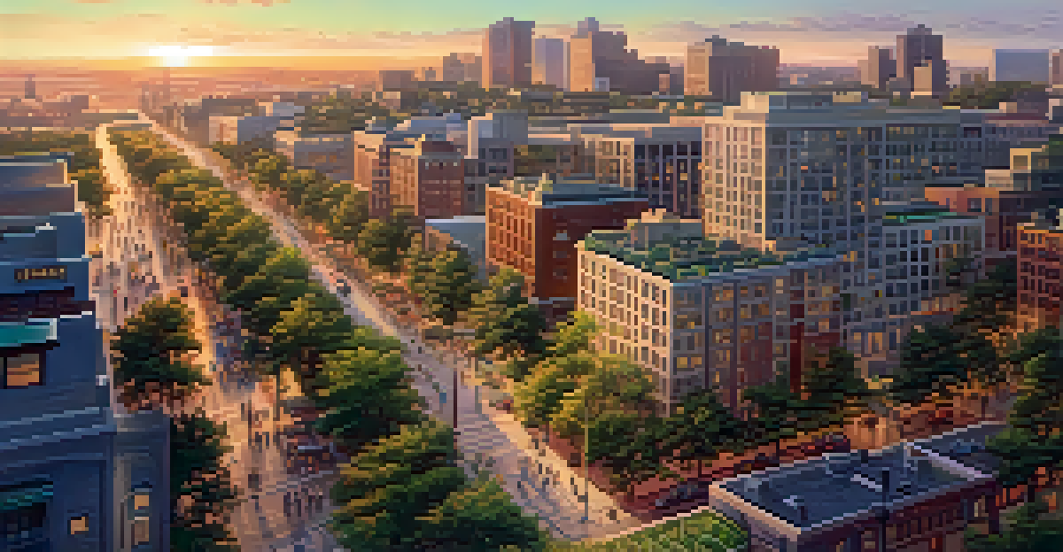 An aerial view of a lively city with buildings, parks, and streets during sunset.