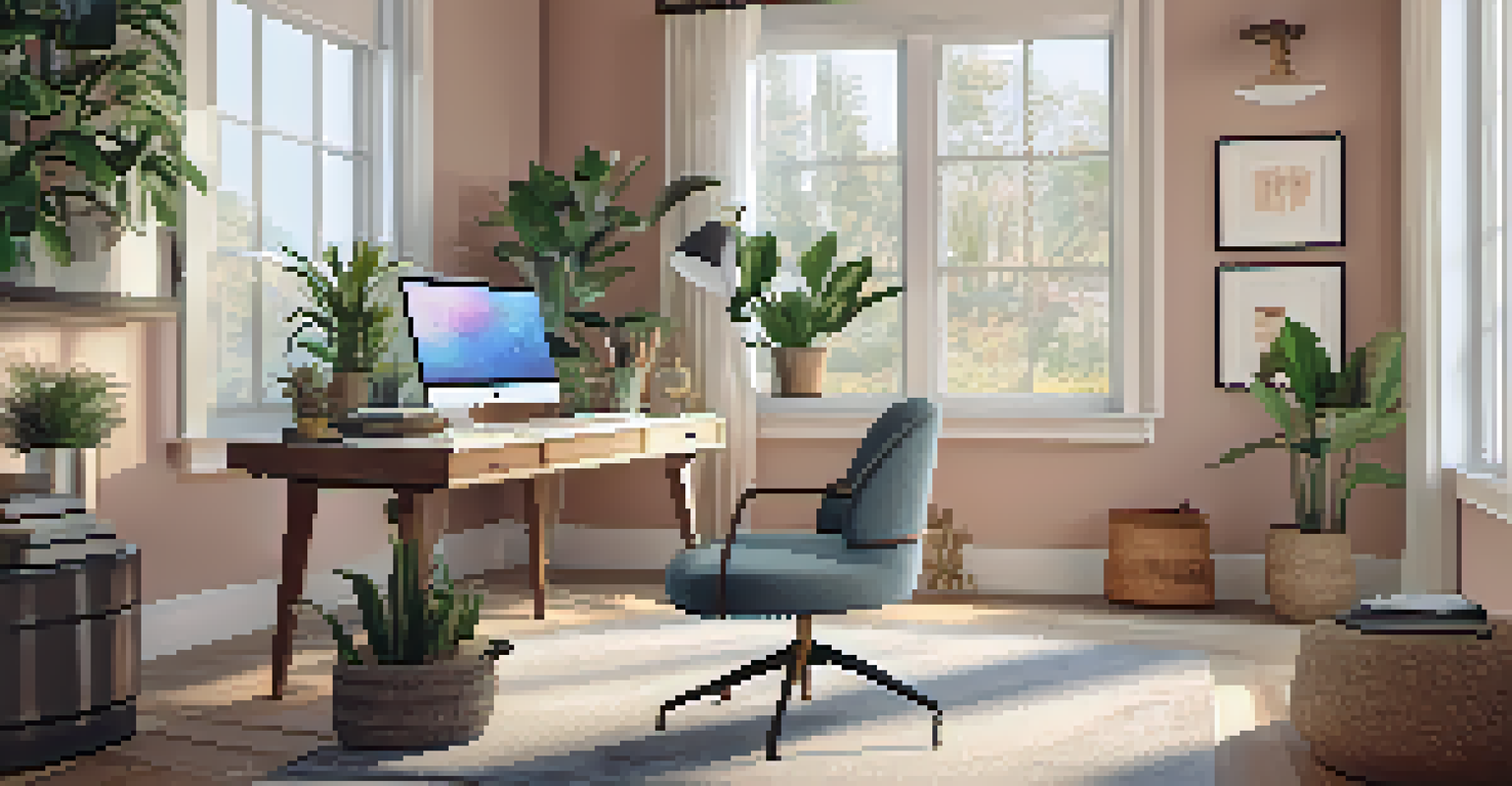 A well-decorated home office space with a laptop on a desk, indoor plants, and bright sunlight streaming through the window.