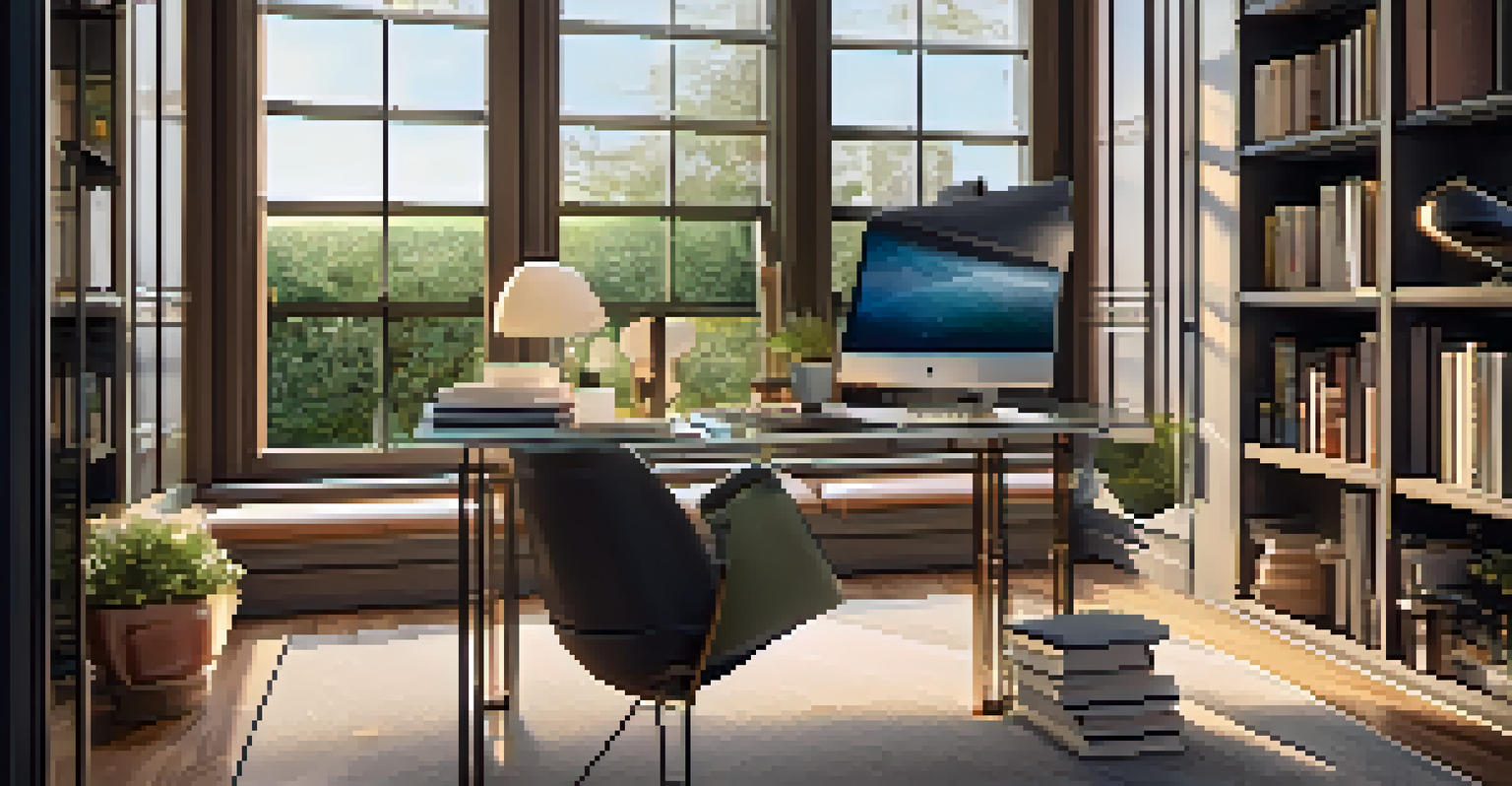 A modern home office with a stylish desk, bookshelves, and a view of a garden through a large window.