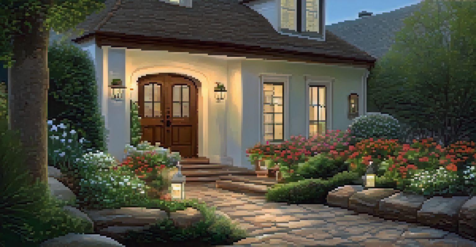 A picturesque entryway with a stone pathway, white door, green plants, and string lights, creating an inviting and tranquil atmosphere.