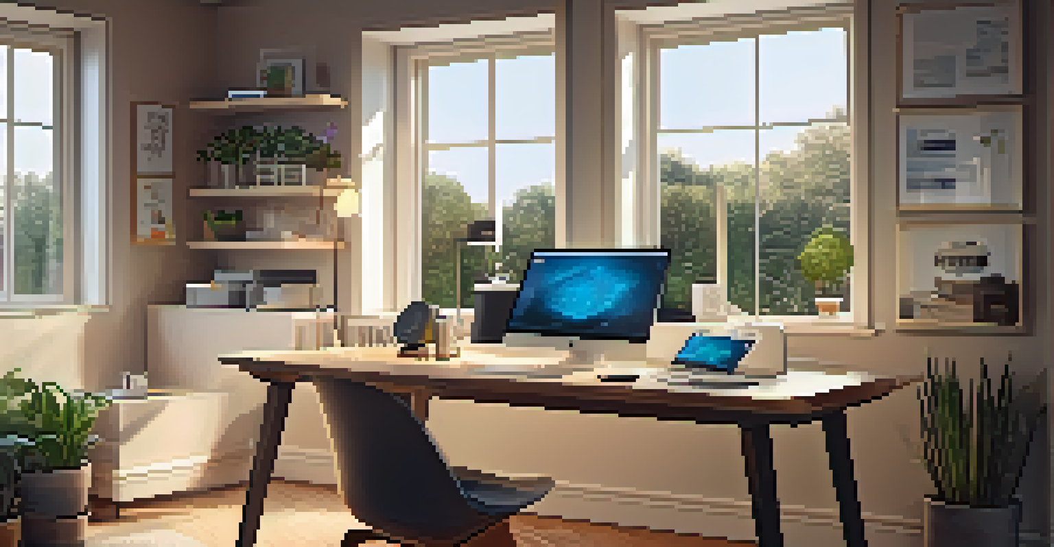 A stylish workspace with a laptop and smart devices, featuring a view of a garden outside.