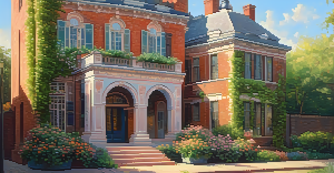 A restored historic building with pastel colors and lush greenery, illuminated by warm sunlight.