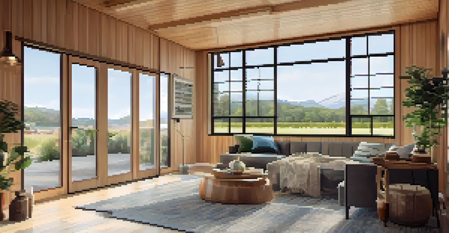 A stylish interior of a modular home with modern furniture and large windows allowing natural light, featuring warm wood textures and plants.