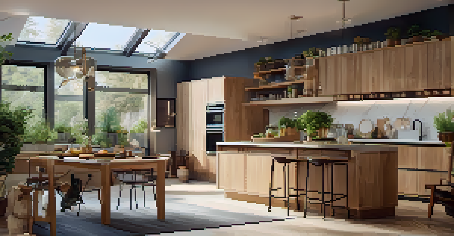A modern kitchen with a skylight, wooden cabinets, stone countertops, and a small herb garden on the windowsill.
