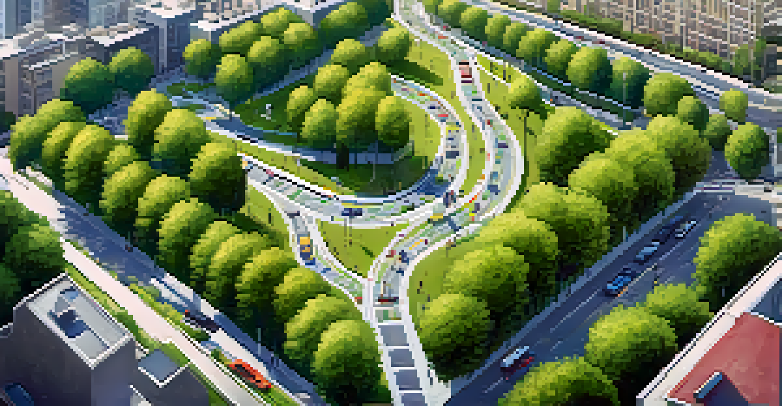 An aerial view of a city with extensive bike lanes and cyclists, surrounded by green spaces and residential areas.